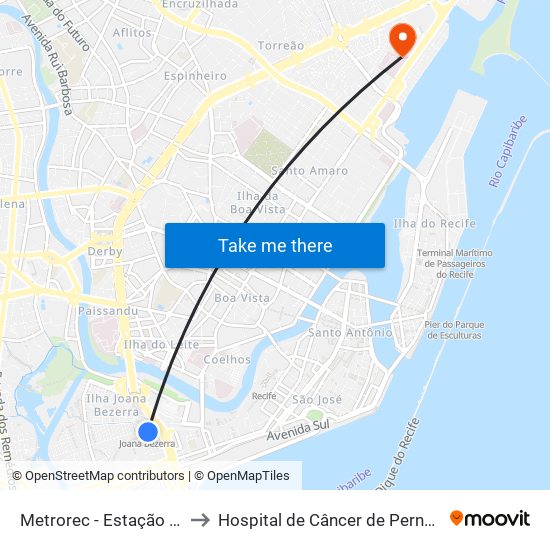 Metrorec - Estação Joana Bezerra to Hospital de Câncer de Pernambuco - Capelinha map