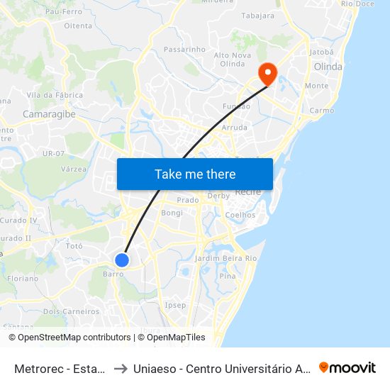 Metrorec - Estação Barro to Uniaeso - Centro Universitário Aeso-Barros Melo map