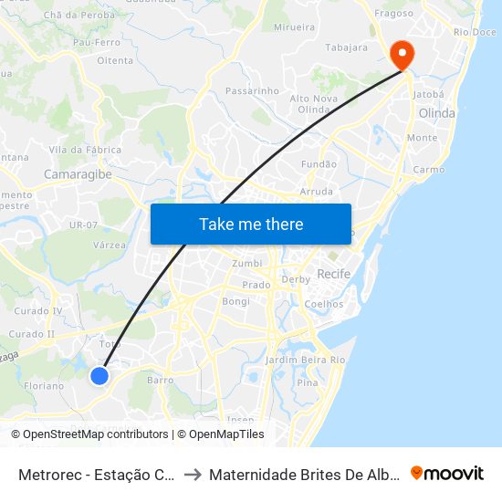 Metrorec - Estação Cavaleiro to Maternidade Brites De Albuquerque map