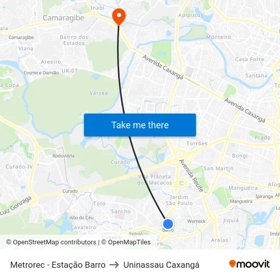 Metrorec - Estação Barro to Uninassau Caxangá map