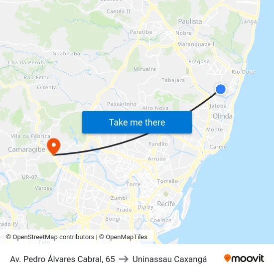 Av. Pedro Álvares Cabral, 65 to Uninassau Caxangá map