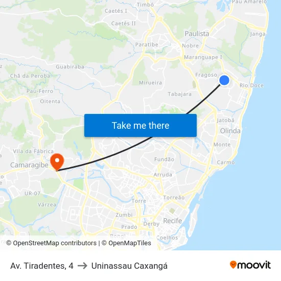 Av. Tiradentes, 4 to Uninassau Caxangá map