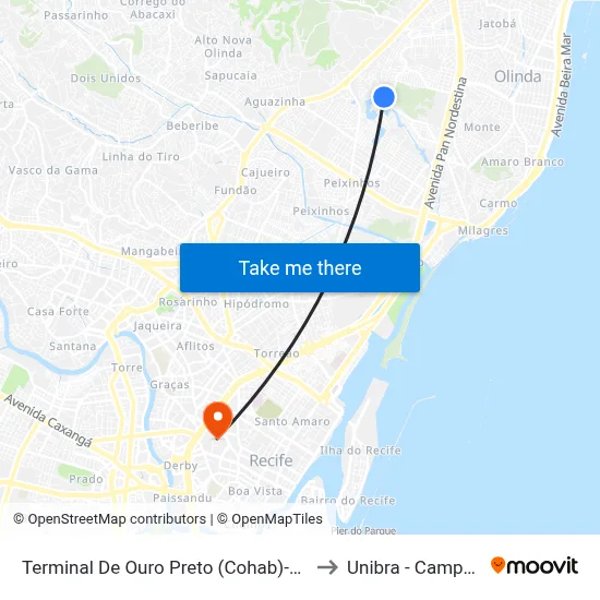 Terminal De Ouro Preto (Cohab)-Olinda to Unibra - Campus II map