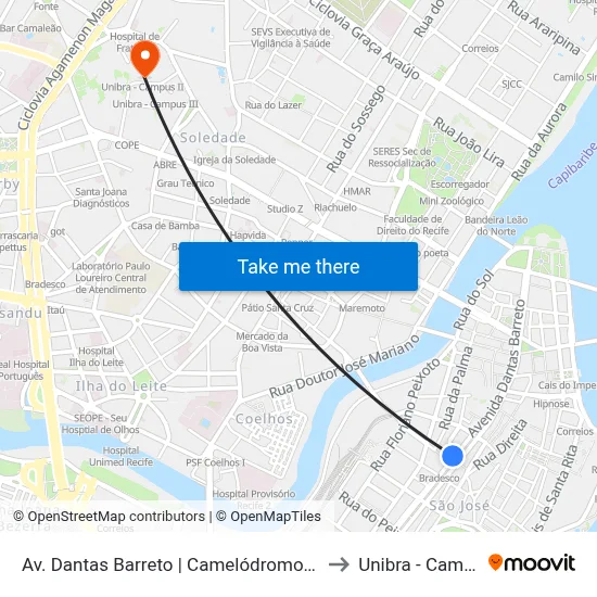 Av. Dantas Barreto | Camelódromo - Parada 3 to Unibra - Campus II map