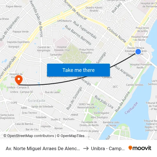 Av. Norte Miguel Arraes De Alencar 100 to Unibra - Campus II map