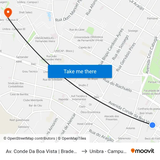 Av. Conde Da Boa Vista | Bradesco to Unibra - Campus II map