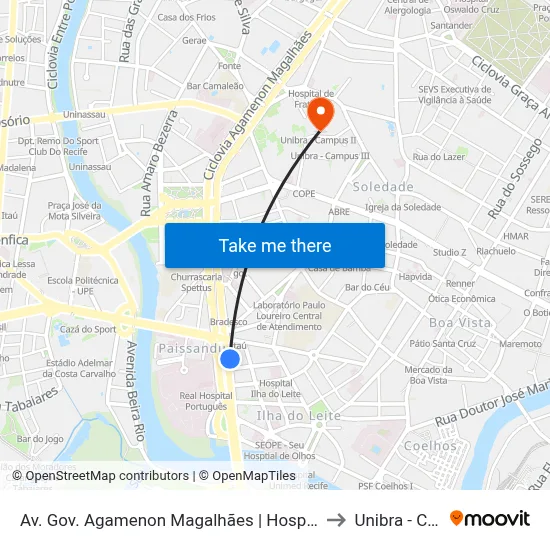Av. Gov. Agamenon Magalhães | Hospital Hapvida - Pista Local to Unibra - Campus II map