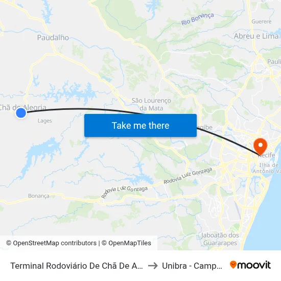 Terminal Rodoviário De Chã De Alegria to Unibra - Campus II map