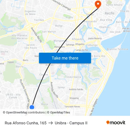 Rua Afonso Cunha, 165 to Unibra - Campus II map