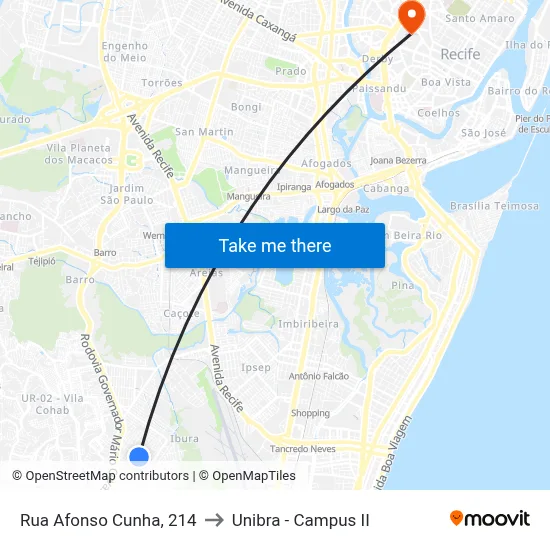 Rua Afonso Cunha, 214 to Unibra - Campus II map