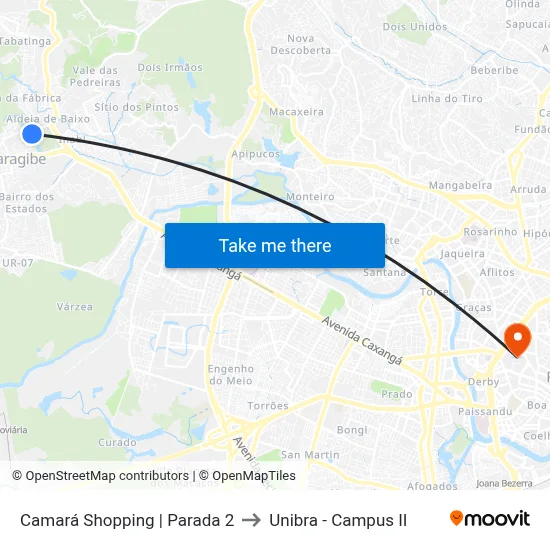 Camará Shopping | Parada 2 to Unibra - Campus II map
