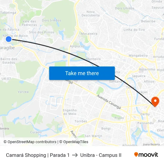 Camará Shopping | Parada 1 to Unibra - Campus II map