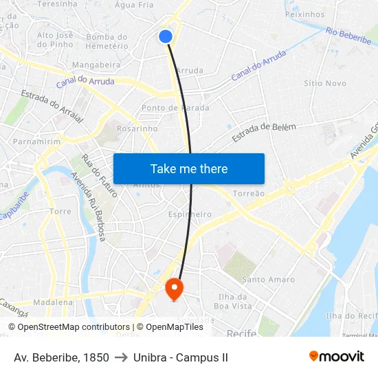 Av. Beberibe, 1850 to Unibra - Campus II map
