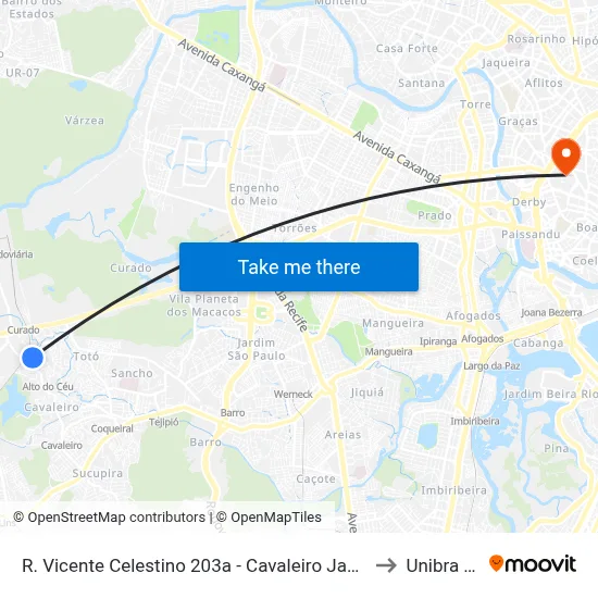 R. Vicente Celestino 203a - Cavaleiro Jaboatão Dos Guararapes - Pe 54250-031 Brasil to Unibra - Campus II map