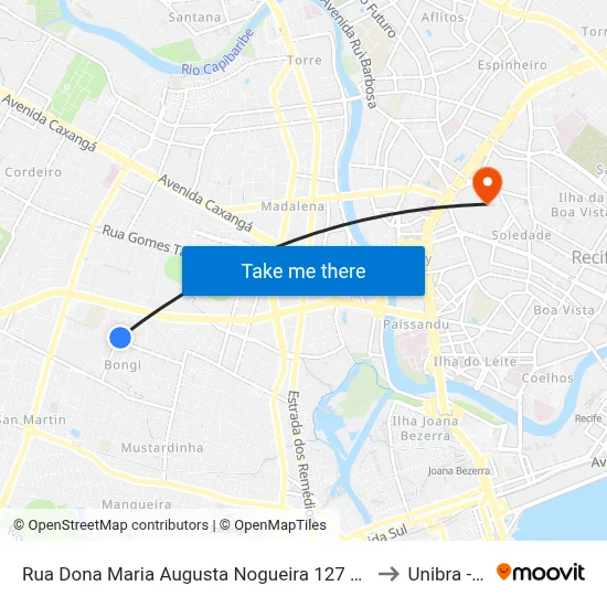 Rua Dona Maria Augusta Nogueira 127 Bongi Recife - Pernambuco 50751 Brasil to Unibra - Campus II map