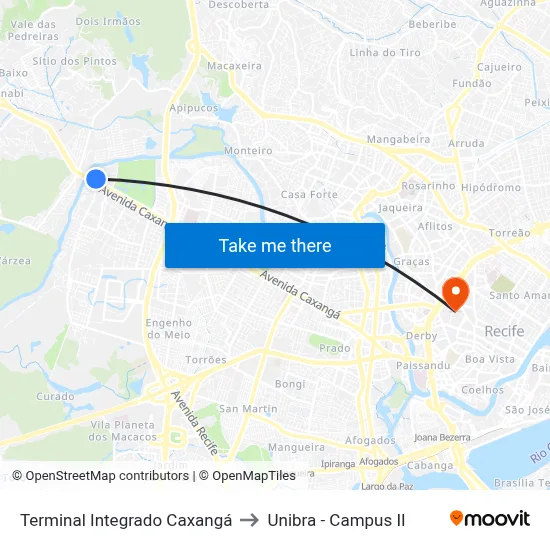 Terminal Integrado Caxangá to Unibra - Campus II map