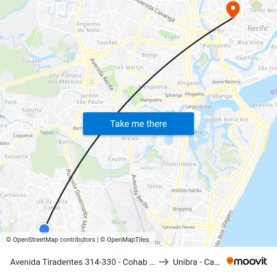 Avenida Tiradentes 314-330 - Cohab Recife - Pe Brasil to Unibra - Campus II map