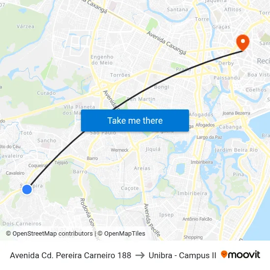 Avenida Cd. Pereira Carneiro 188 to Unibra - Campus II map