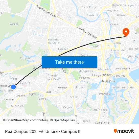 Rua Coripós 202 to Unibra - Campus II map