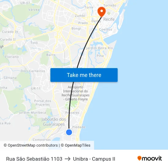 Rua São Sebastião 1103 to Unibra - Campus II map