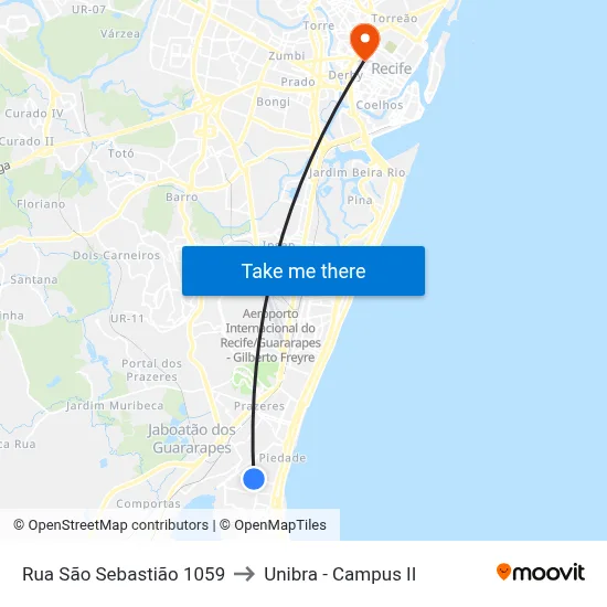Rua São Sebastião 1059 to Unibra - Campus II map