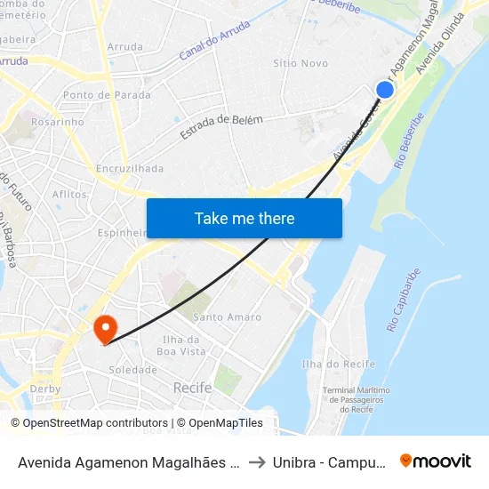 Avenida Agamenon Magalhães 20 to Unibra - Campus II map