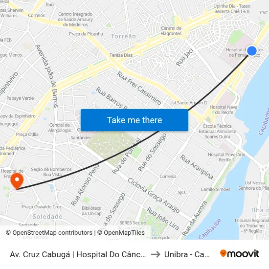 Av. Cruz Cabugá | Hospital Do Câncer (Parada 1) to Unibra - Campus II map