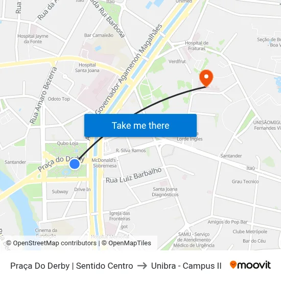 Praça Do Derby | Sentido Centro to Unibra - Campus II map