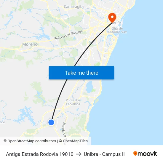 Antiga Estrada Rodovia 19010 to Unibra - Campus II map