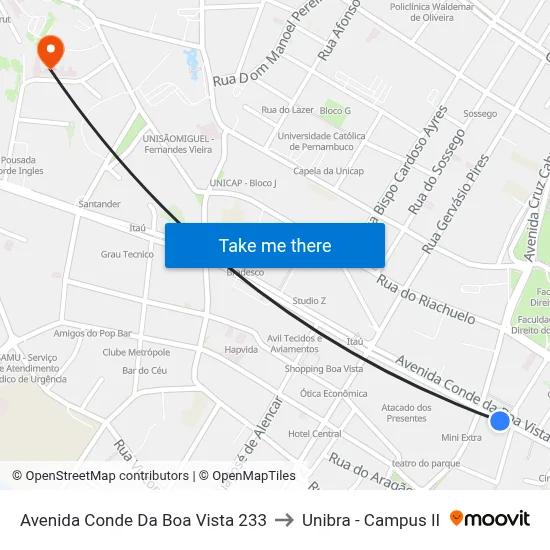 Avenida Conde Da Boa Vista 233 to Unibra - Campus II map
