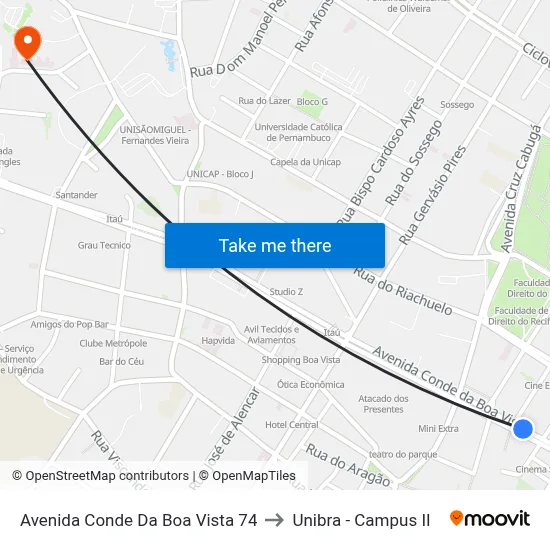 Avenida Conde Da Boa Vista 74 to Unibra - Campus II map