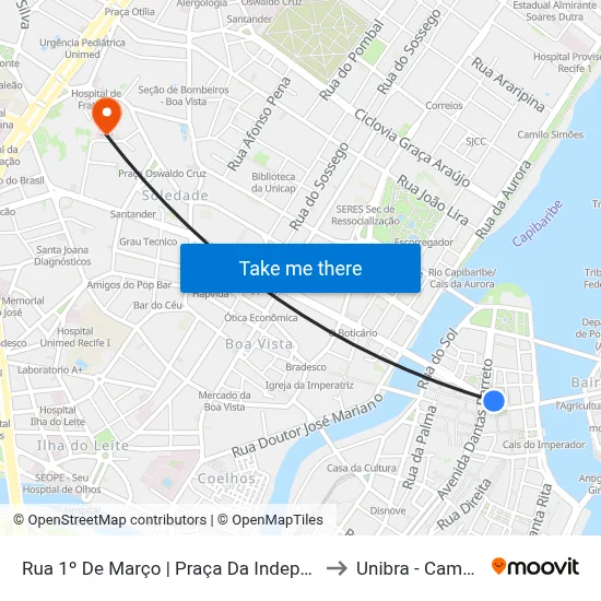 Rua 1º De Março | Praça Da Independência to Unibra - Campus II map