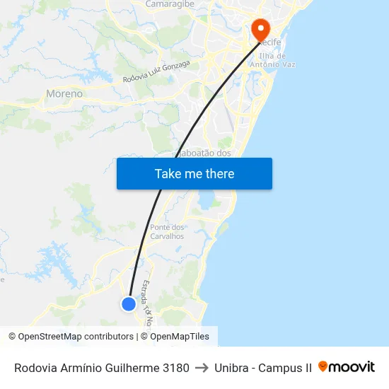 Rodovia Armínio Guilherme 3180 to Unibra - Campus II map