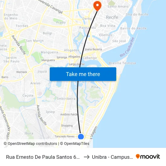 Rua Ernesto De Paula Santos 607 to Unibra - Campus II map