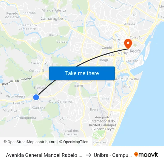 Avenida General Manoel Rabelo 1648 to Unibra - Campus II map
