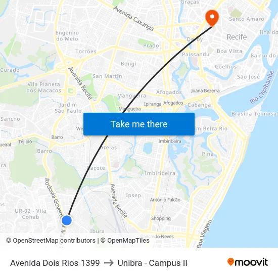 Avenida Dois Rios 1399 to Unibra - Campus II map
