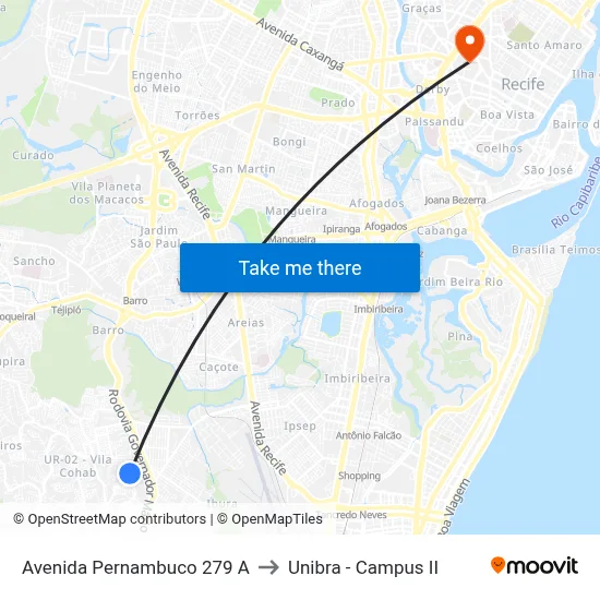 Avenida Pernambuco 279 A to Unibra - Campus II map
