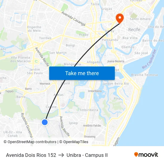 Avenida Dois Rios 152 to Unibra - Campus II map