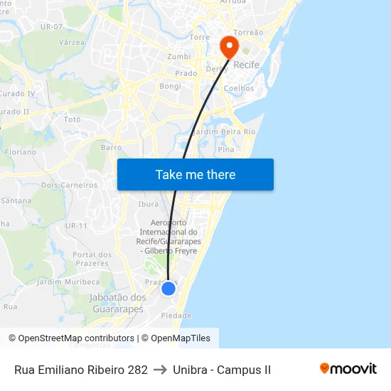 Rua Emiliano Ribeiro 282 to Unibra - Campus II map