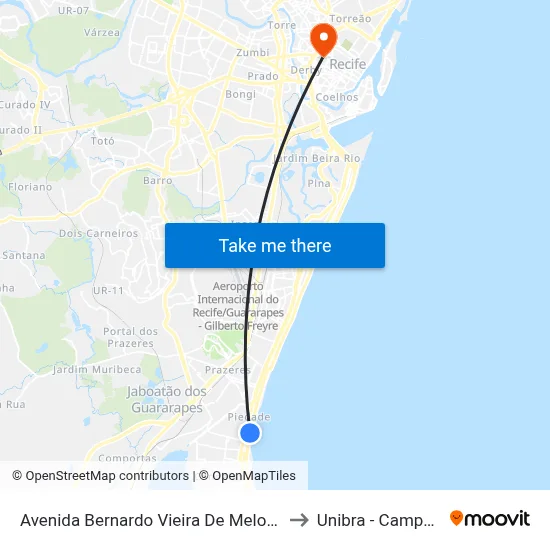 Avenida Bernardo Vieira De Melo 3090 to Unibra - Campus II map