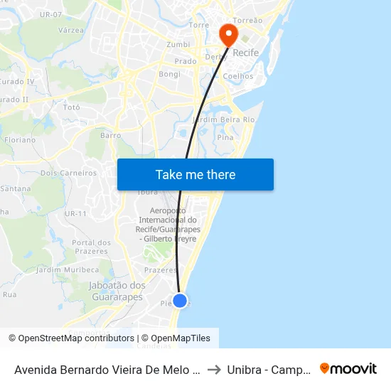 Avenida Bernardo Vieira De Melo 2386a to Unibra - Campus II map