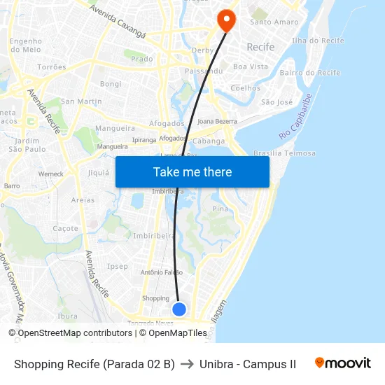 Shopping Recife (Parada 02 B) to Unibra - Campus II map
