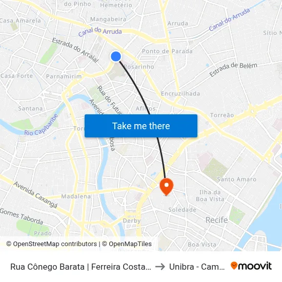 Rua Cônego Barata | Ferreira Costa Entrada 1 to Unibra - Campus II map