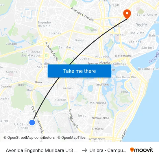 Avenida Engenho Muribara Ur3 509 to Unibra - Campus II map