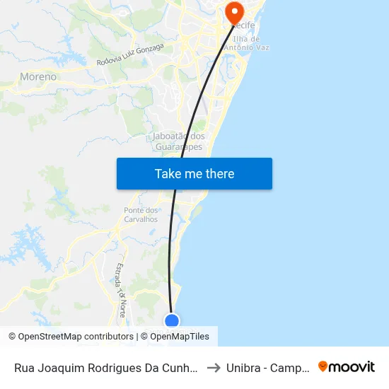 Rua Joaquim Rodrigues Da Cunha 1833 to Unibra - Campus II map