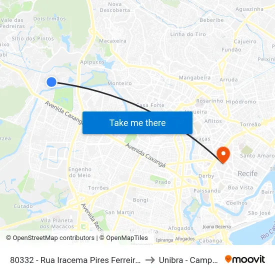 80332 - Rua Iracema Pires Ferreira 901 to Unibra - Campus II map