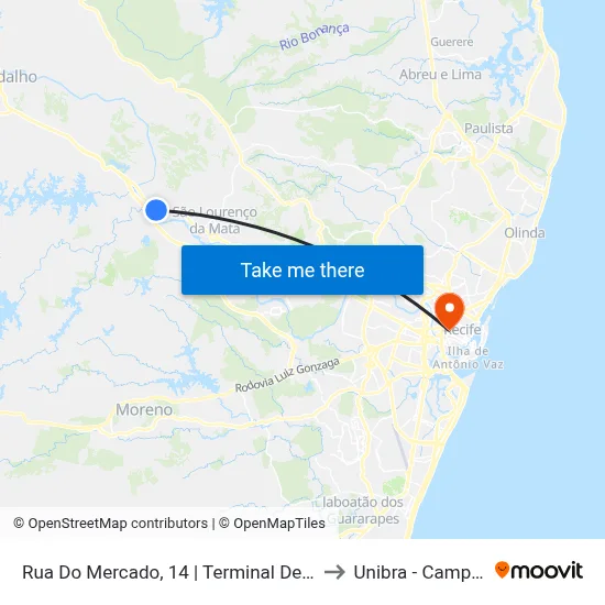 Rua Do Mercado, 14 | Terminal De Tiúma to Unibra - Campus II map