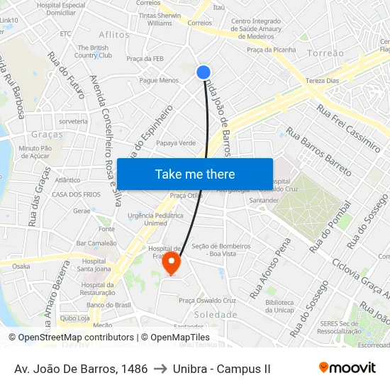 Av. João De Barros, 1486 to Unibra - Campus II map