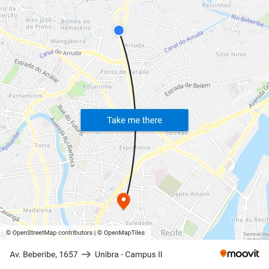 Av. Beberibe, 1657 to Unibra - Campus II map
