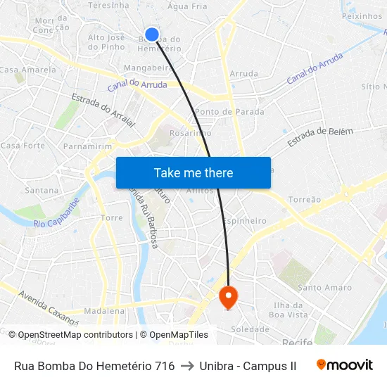 Rua Bomba Do Hemetério 716 to Unibra - Campus II map